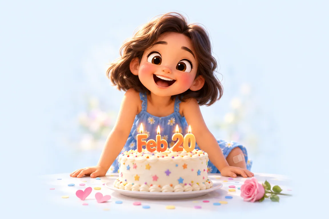 Cartoon birthday scene for February 20: a child behind a cake whose candles spell the date