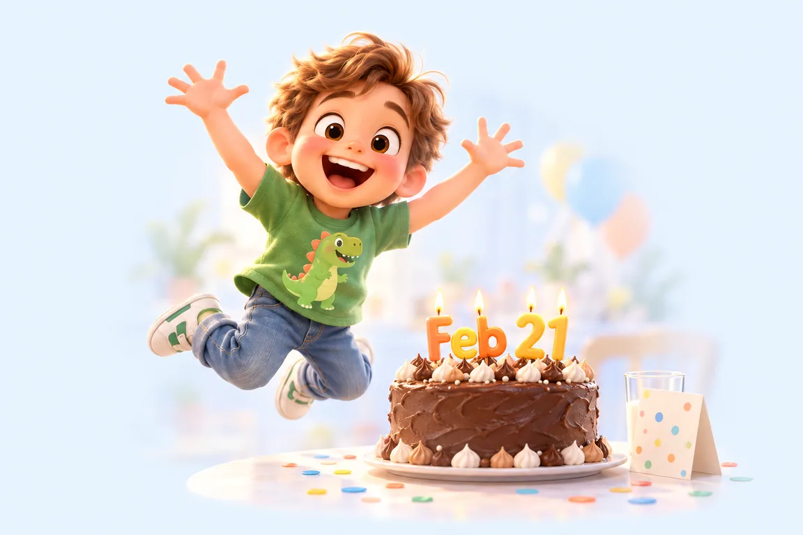 Cartoon birthday scene for February 21: a child behind a cake whose candles spell the date