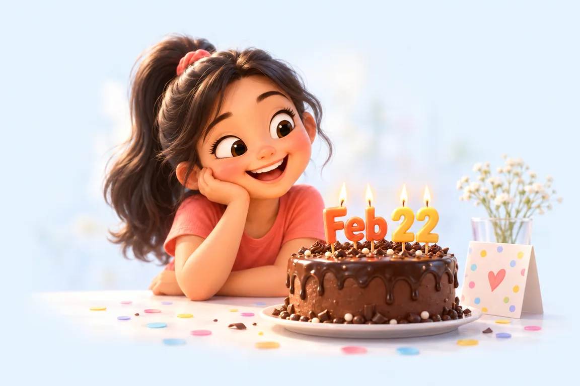 Cartoon birthday scene for February 22: a child behind a cake whose candles spell the date