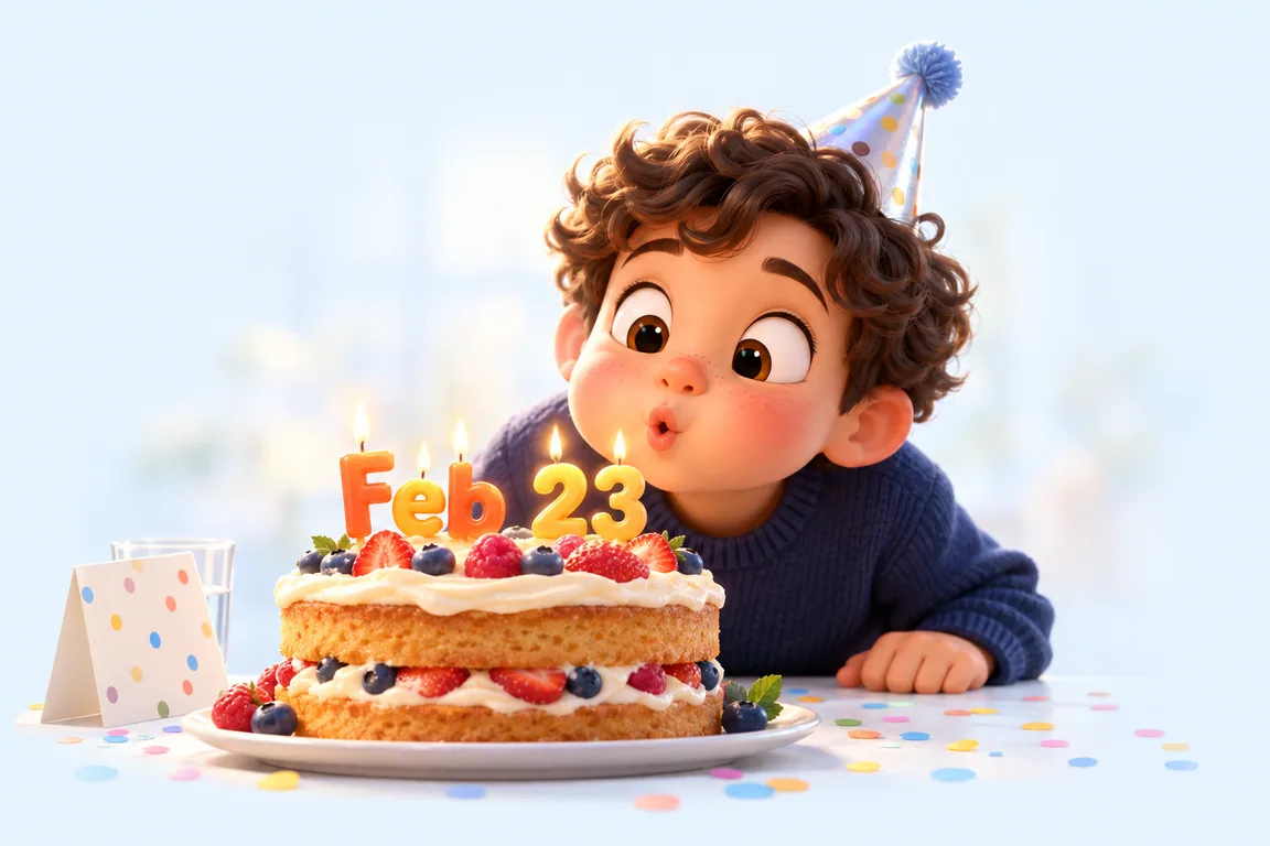 Cartoon birthday scene for February 23: a child behind a cake whose candles spell the date