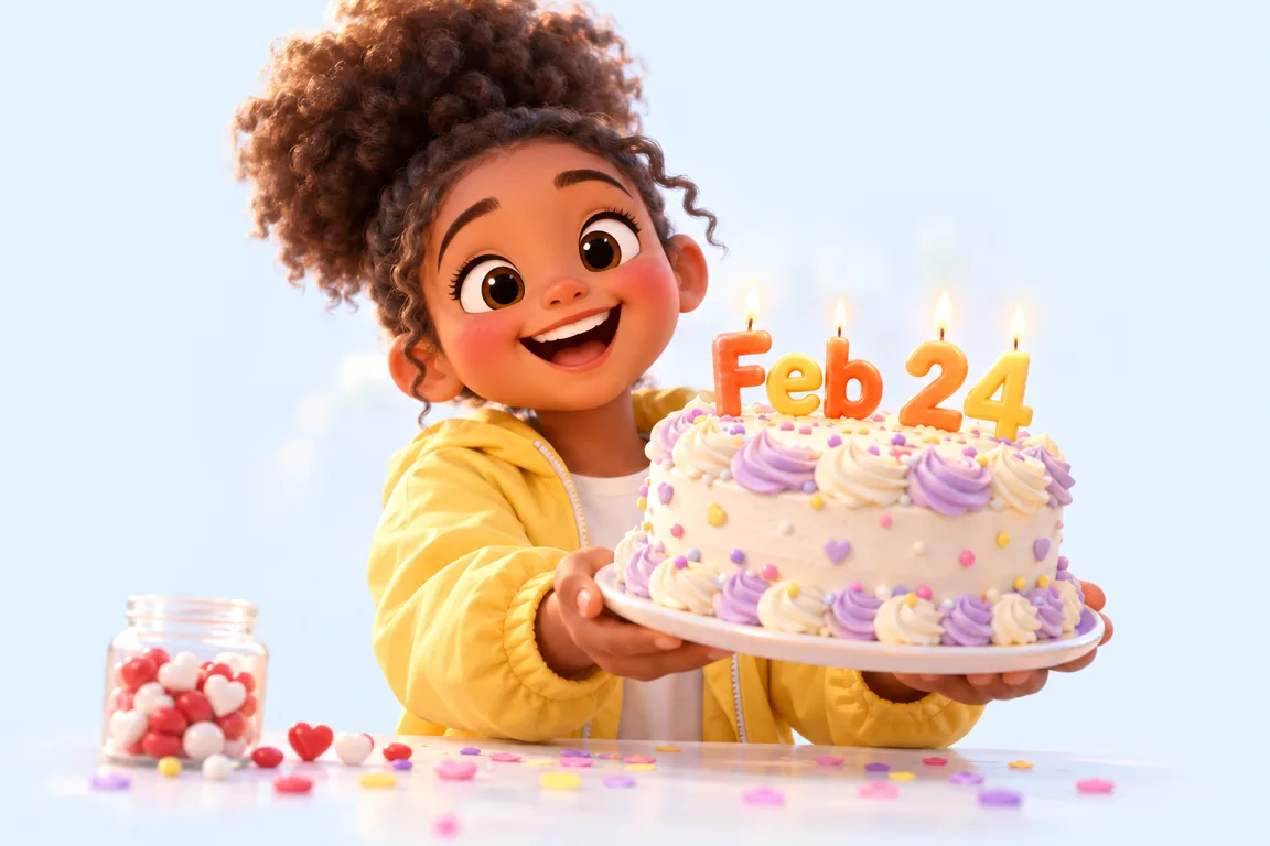 Cartoon birthday scene for February 24: a child behind a cake whose candles spell the date