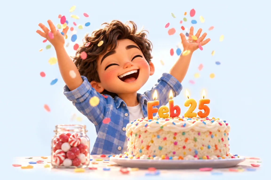 Cartoon birthday scene for February 25: a child behind a cake whose candles spell the date