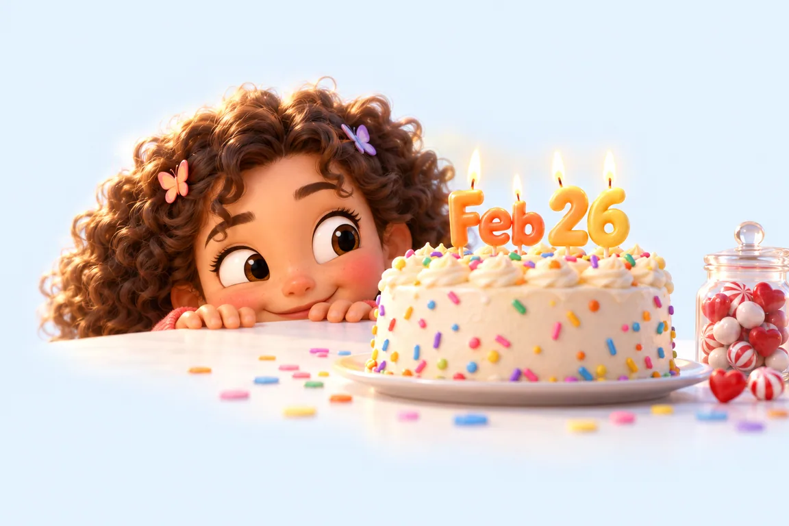 Cartoon birthday scene for February 26: a child behind a cake whose candles spell the date