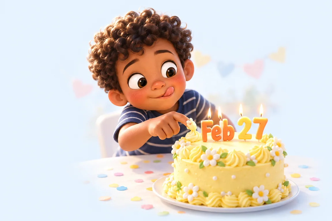 Cartoon birthday scene for February 27: a child behind a cake whose candles spell the date
