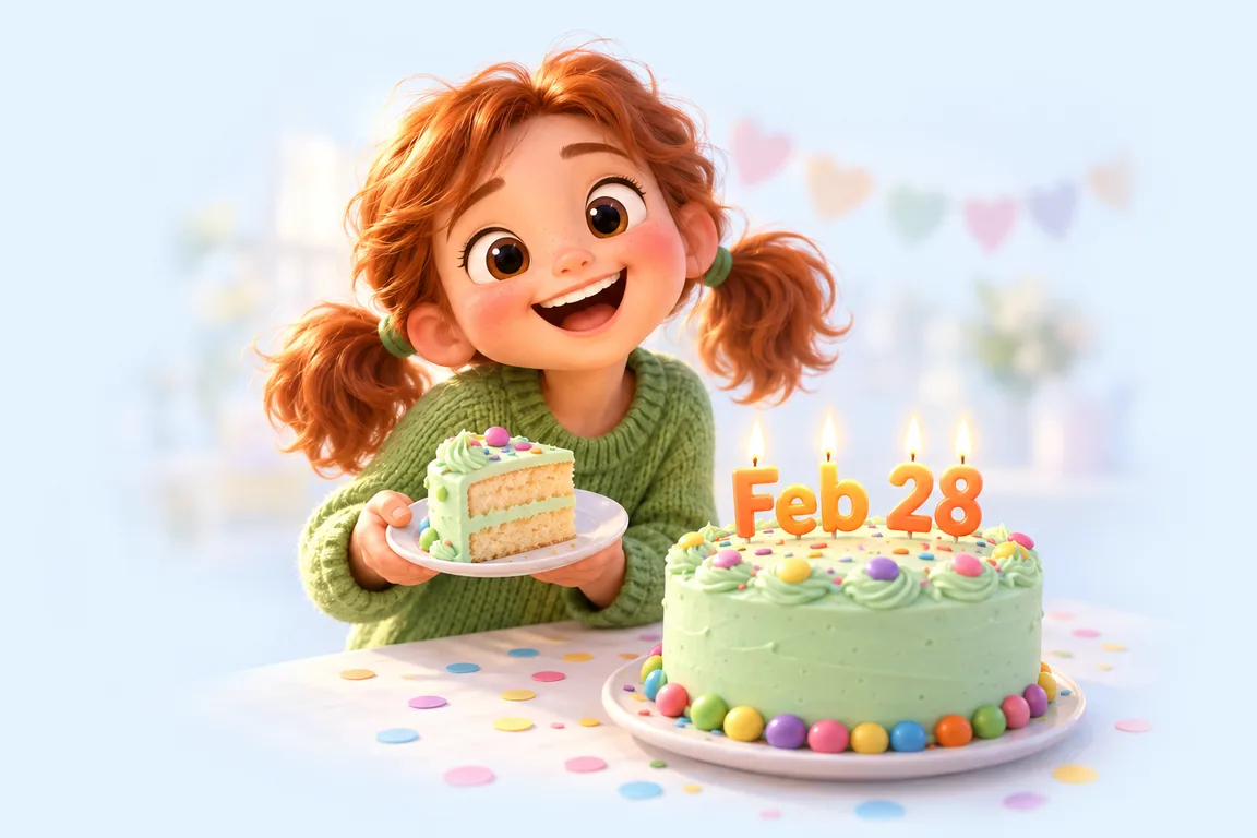 Cartoon birthday scene for February 28: a child behind a cake whose candles spell the date