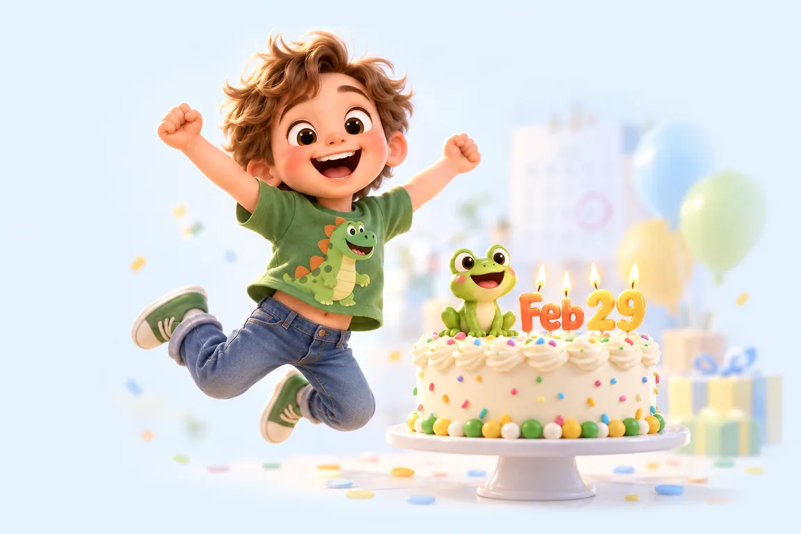 Cartoon birthday scene for February 29: a child behind a cake whose candles spell the date