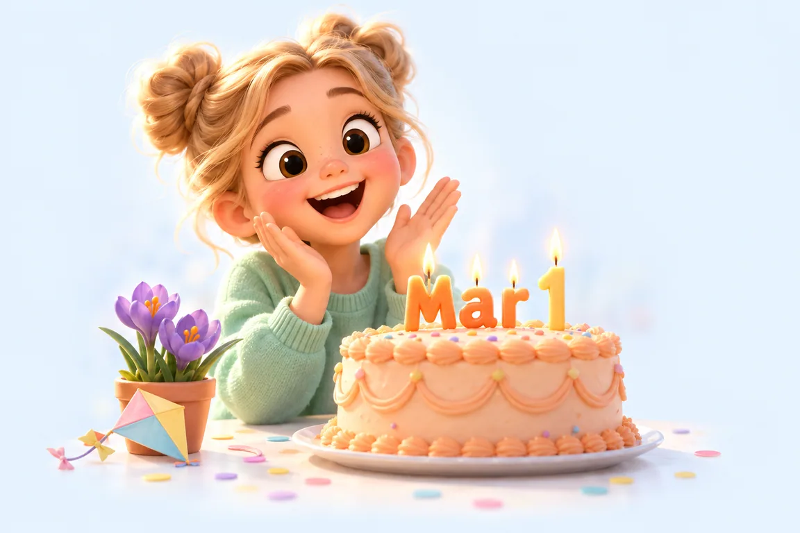 Cartoon birthday scene for March 1: a child behind a cake whose candles spell the date