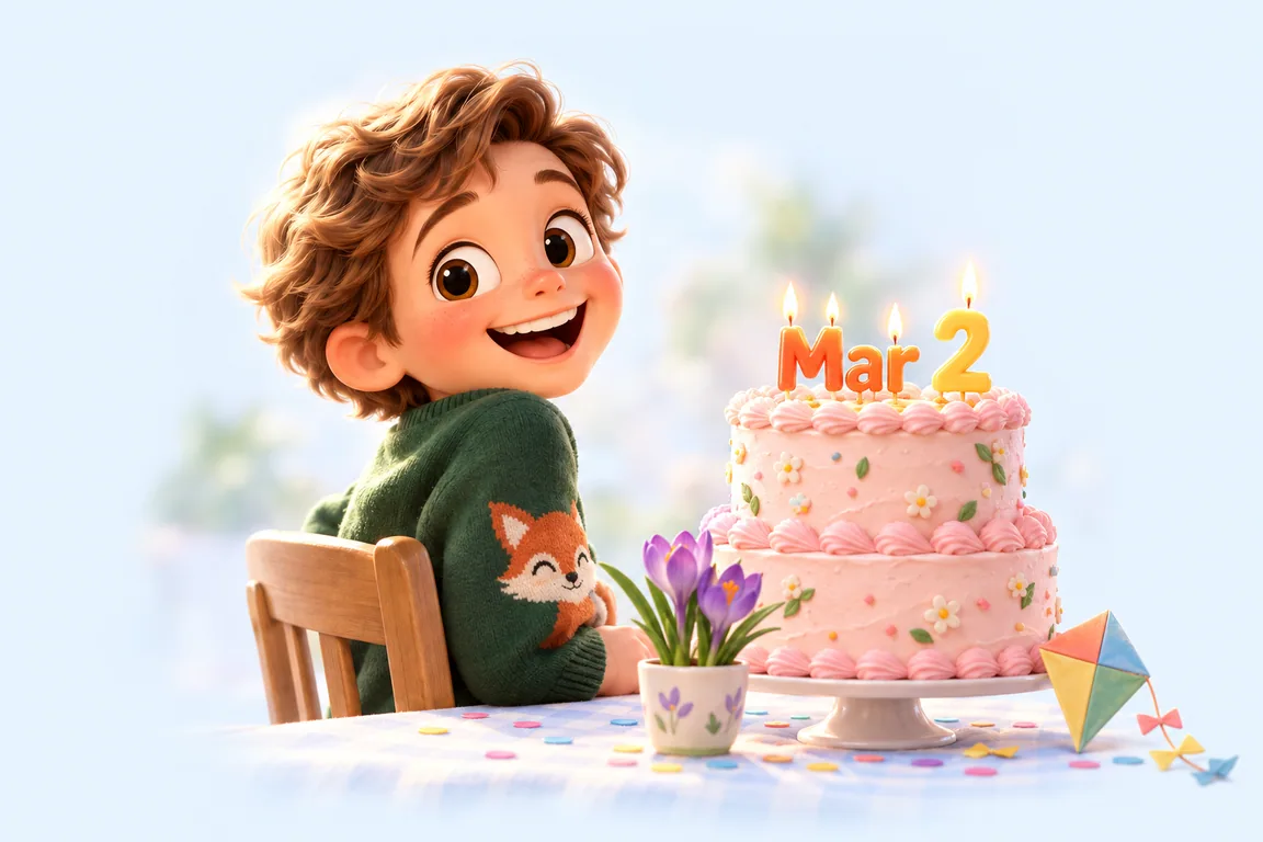 Cartoon birthday scene for March 2: a child behind a cake whose candles spell the date