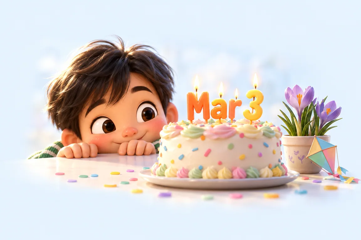 Cartoon birthday scene for March 3: a child behind a cake whose candles spell the date