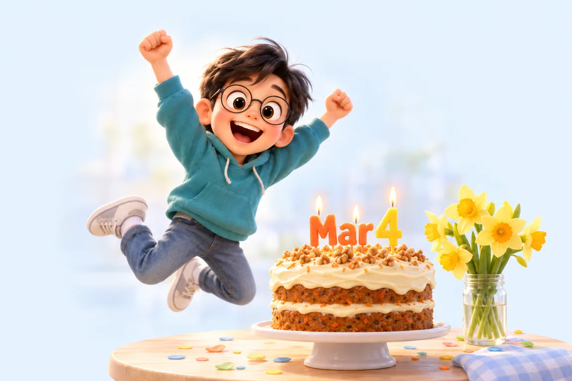 Cartoon birthday scene for March 4: a child behind a cake whose candles spell the date