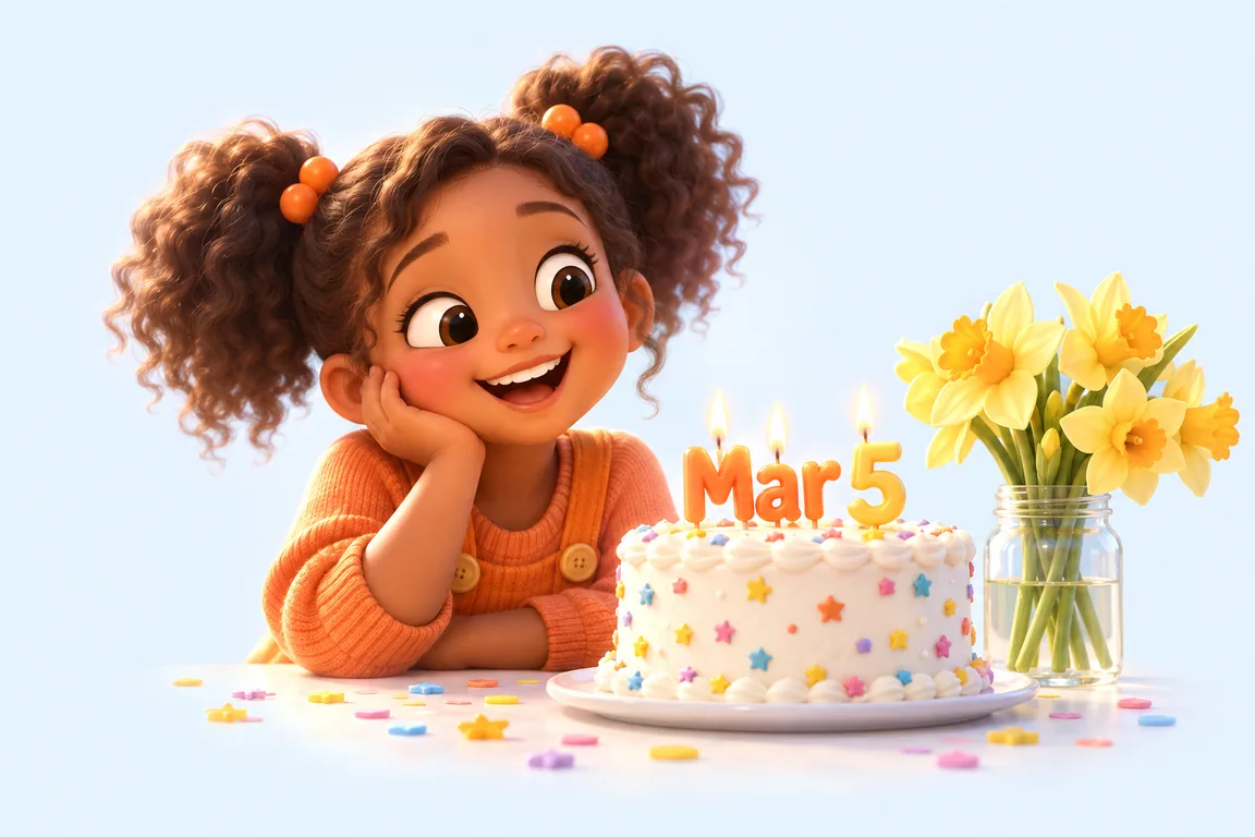Cartoon birthday scene for March 5: a child behind a cake whose candles spell the date