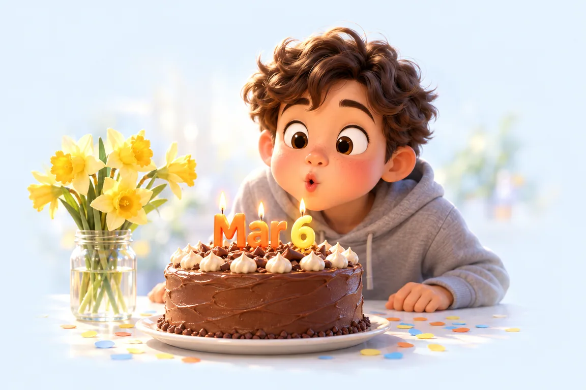 Cartoon birthday scene for March 6: a child behind a cake whose candles spell the date