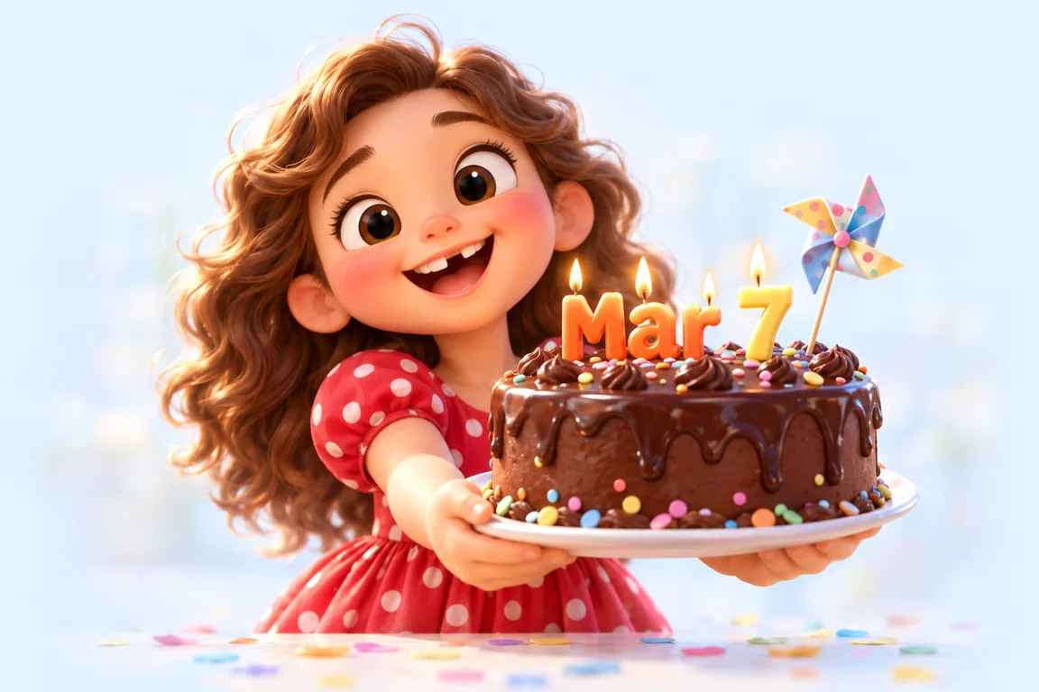 Cartoon birthday scene for March 7: a child behind a cake whose candles spell the date