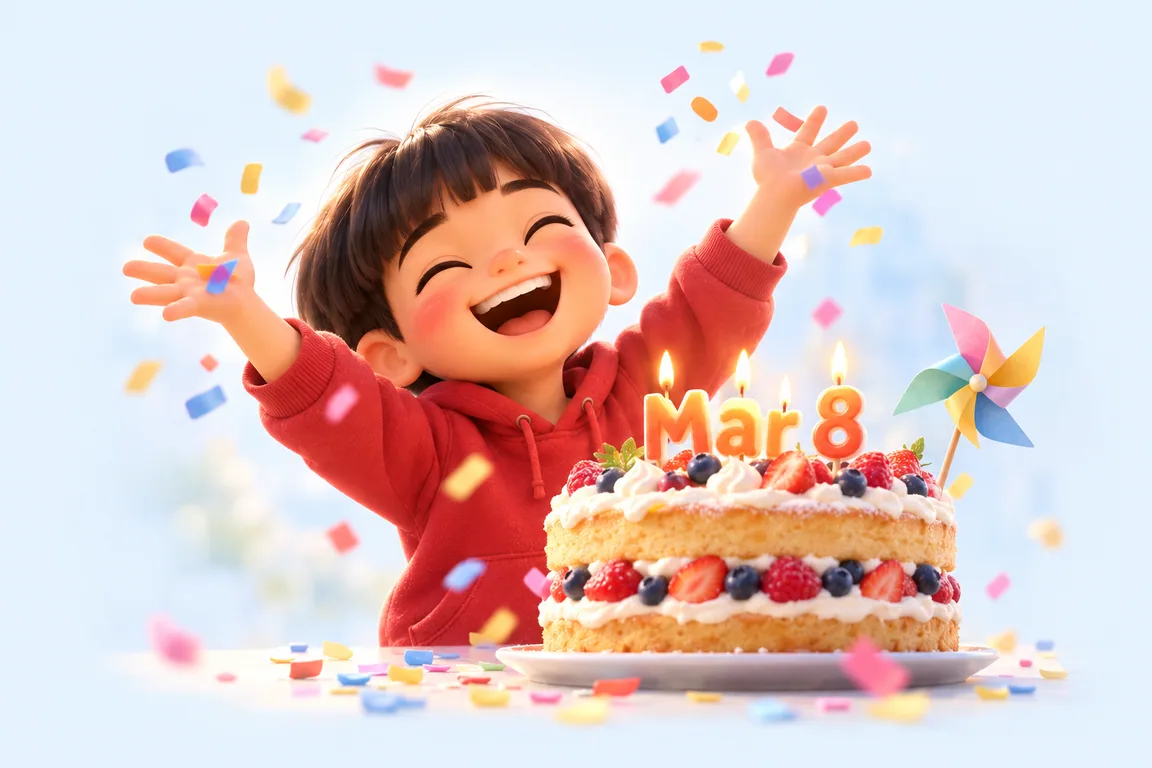 Cartoon birthday scene for March 8: a child behind a cake whose candles spell the date