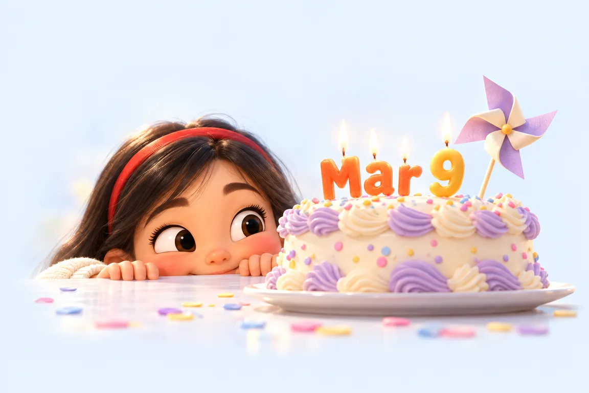 Cartoon birthday scene for March 9: a child behind a cake whose candles spell the date
