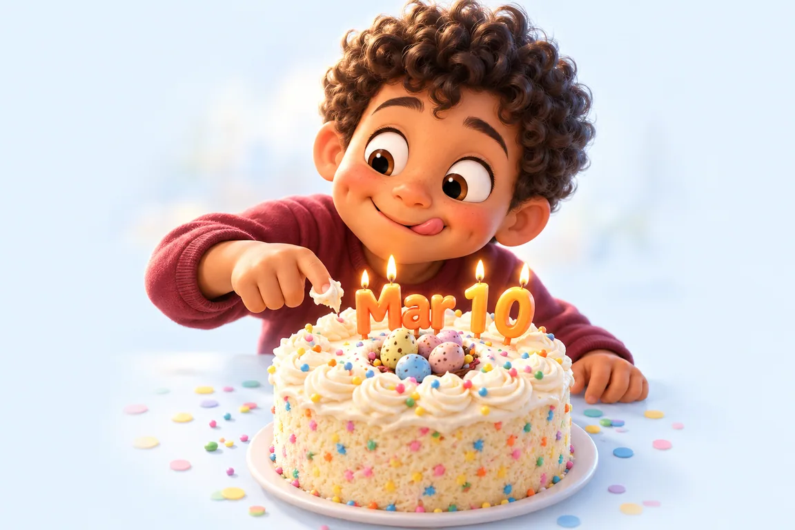 Cartoon birthday scene for March 10: a child behind a cake whose candles spell the date