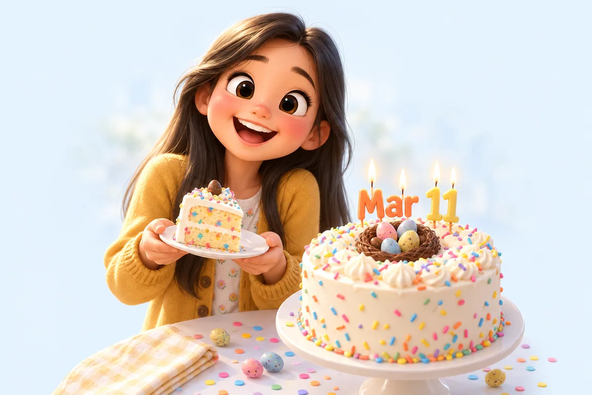 Cartoon birthday scene for March 11: a child behind a cake whose candles spell the date