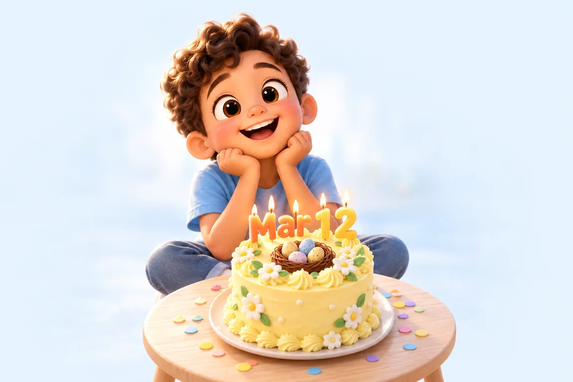 Cartoon birthday scene for March 12: a child behind a cake whose candles spell the date