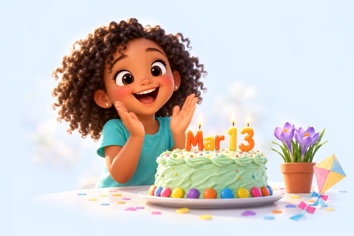 Cartoon birthday scene for March 13: a child behind a cake whose candles spell the date