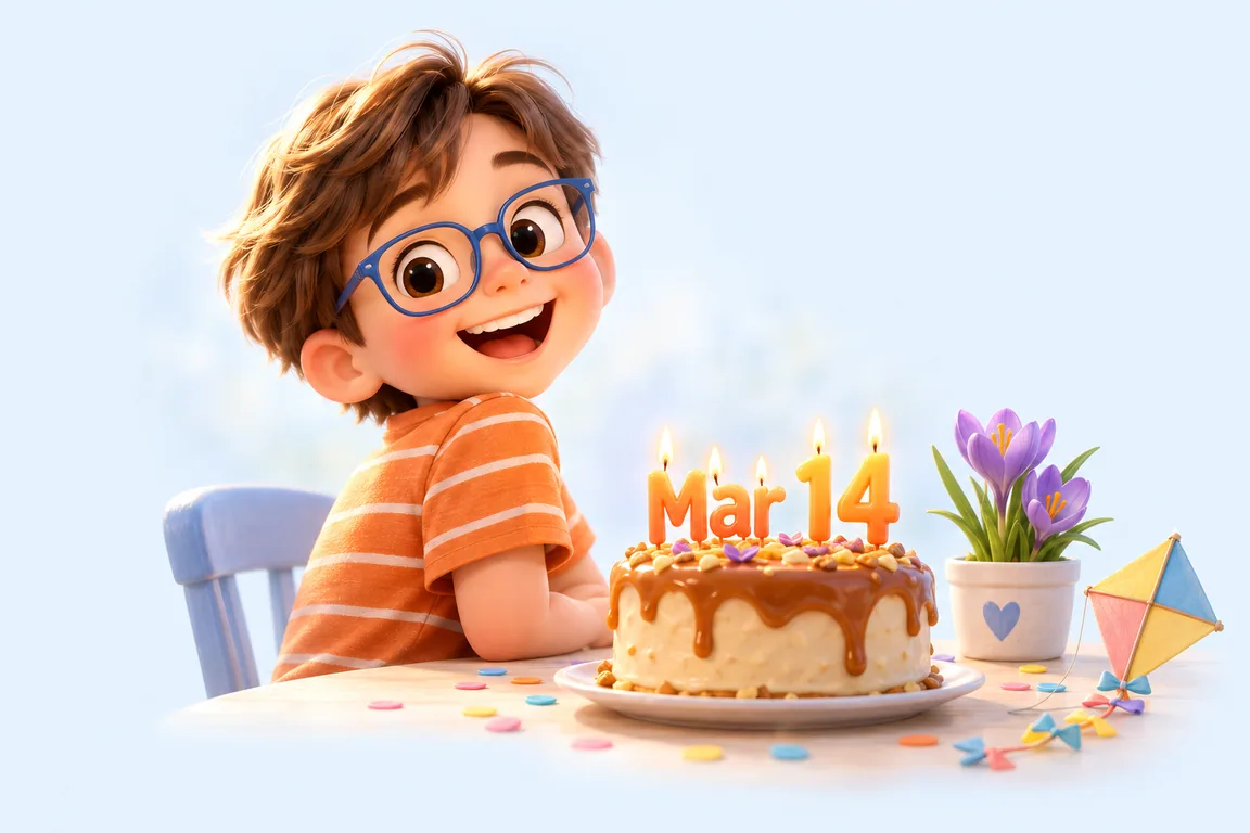 Cartoon birthday scene for March 14: a child behind a cake whose candles spell the date