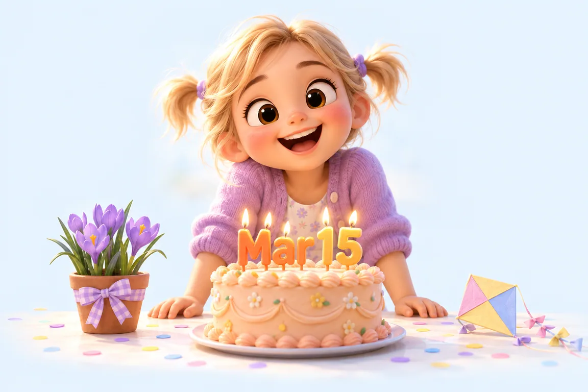 Cartoon birthday scene for March 15: a child behind a cake whose candles spell the date