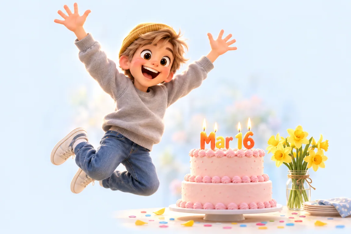 Cartoon birthday scene for March 16: a child behind a cake whose candles spell the date