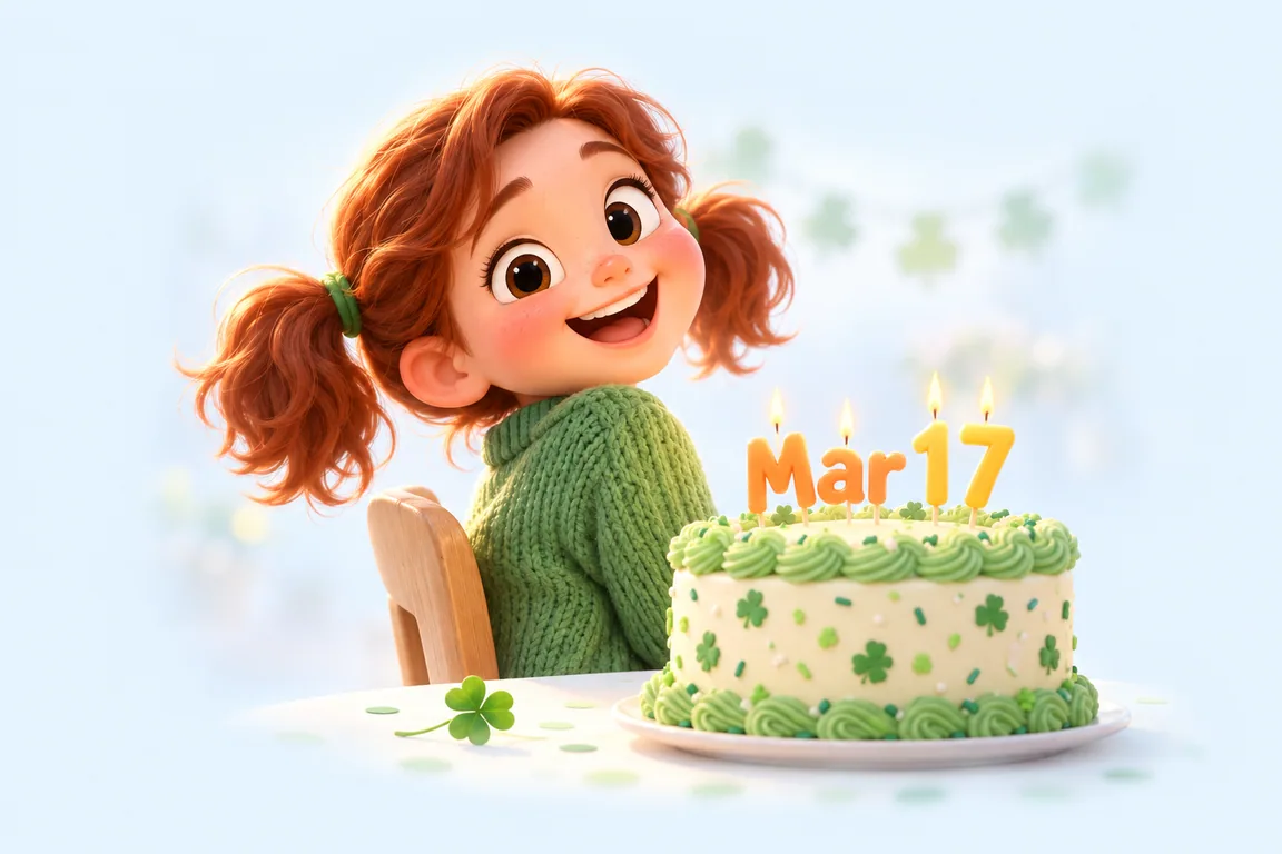 Cartoon birthday scene for March 17: a child behind a cake whose candles spell the date