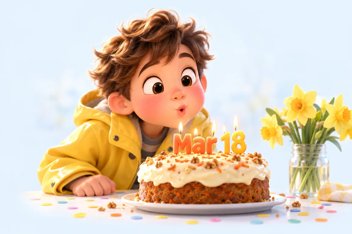 Cartoon birthday scene for March 18: a child behind a cake whose candles spell the date