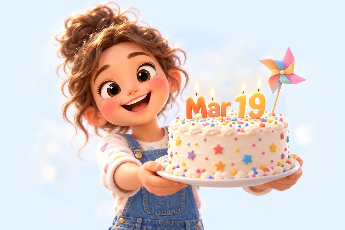 Cartoon birthday scene for March 19: a child behind a cake whose candles spell the date