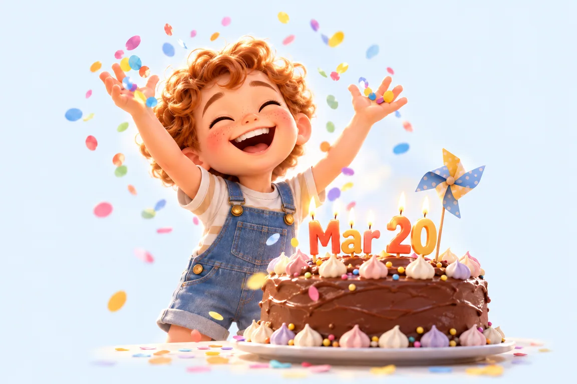 Cartoon birthday scene for March 20: a child behind a cake whose candles spell the date