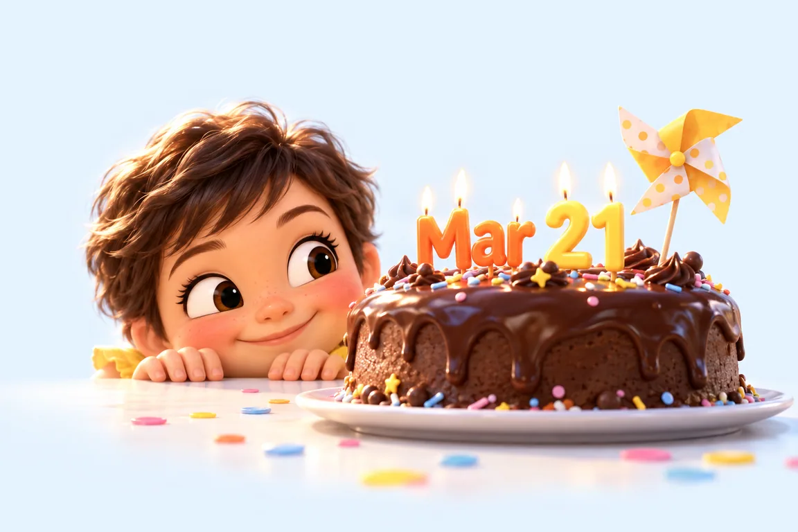 Cartoon birthday scene for March 21: a child behind a cake whose candles spell the date