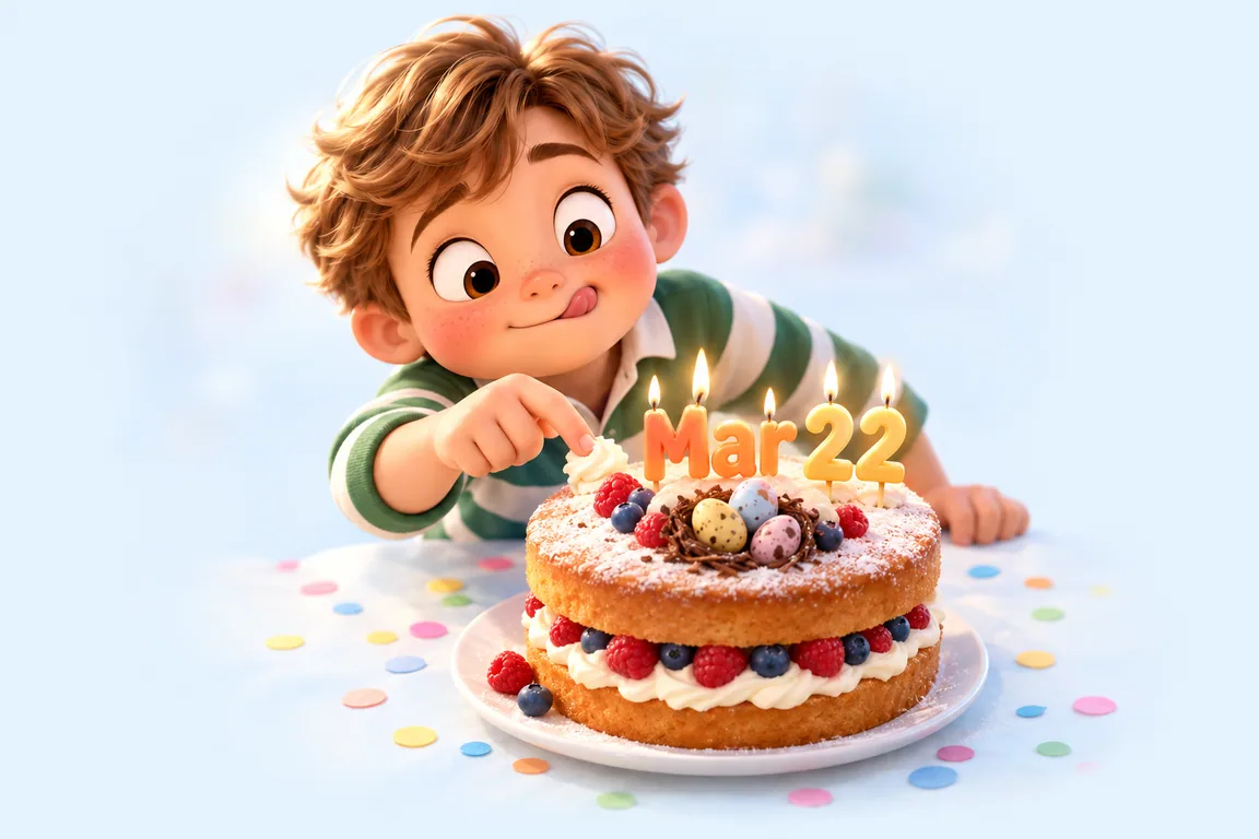 Cartoon birthday scene for March 22: a child behind a cake whose candles spell the date