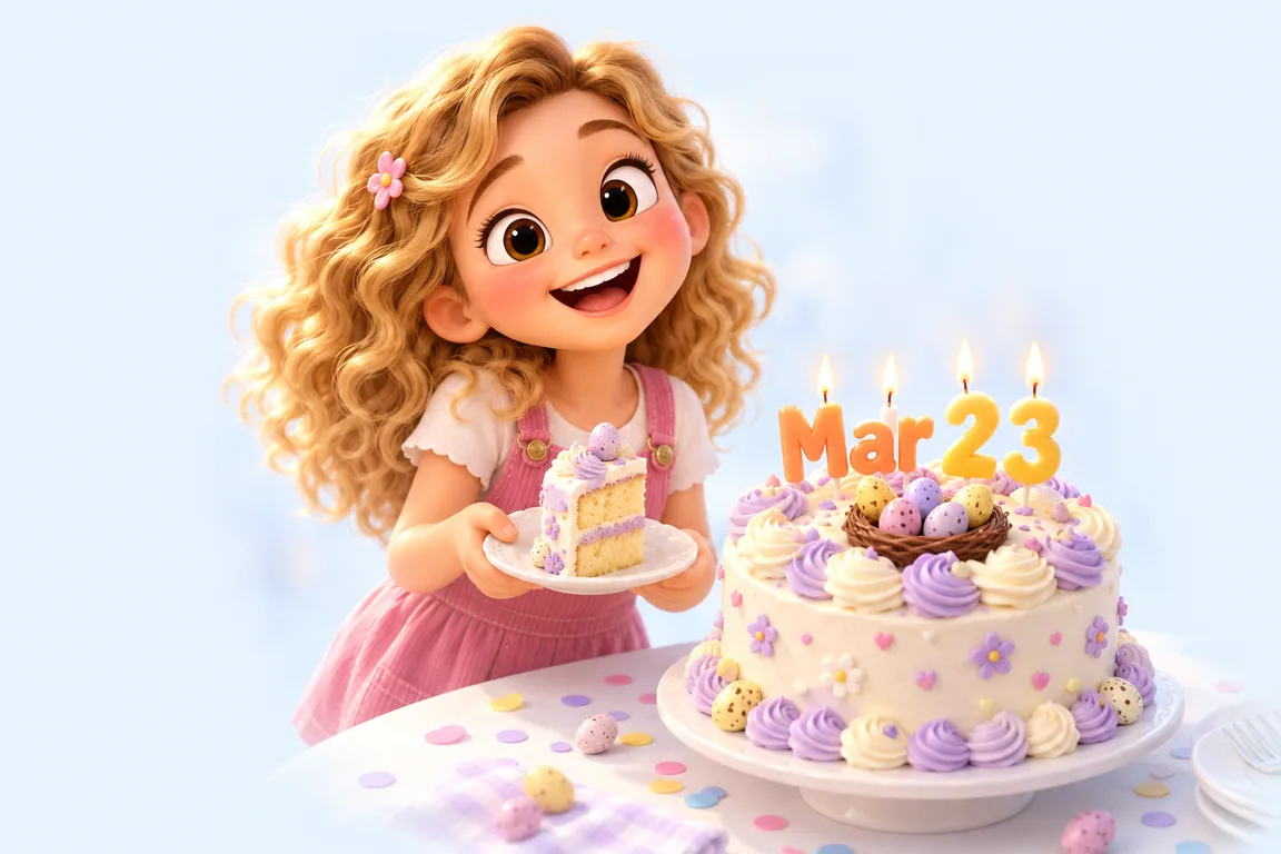 Cartoon birthday scene for March 23: a child behind a cake whose candles spell the date