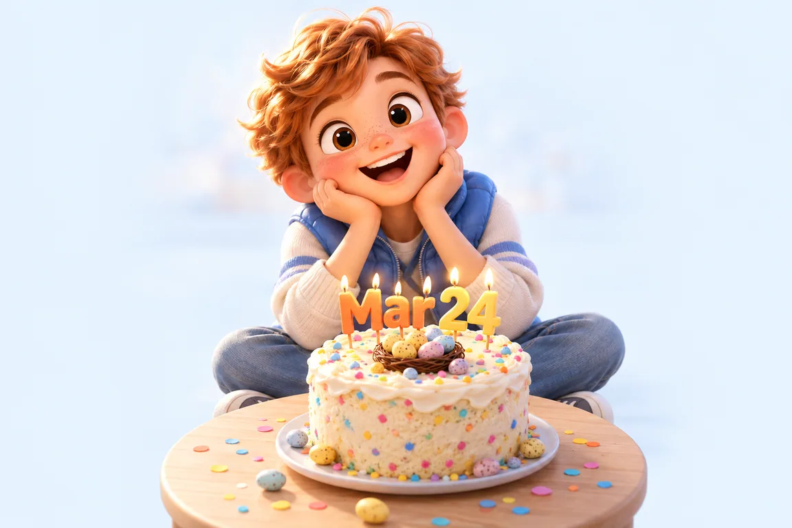 Cartoon birthday scene for March 24: a child behind a cake whose candles spell the date