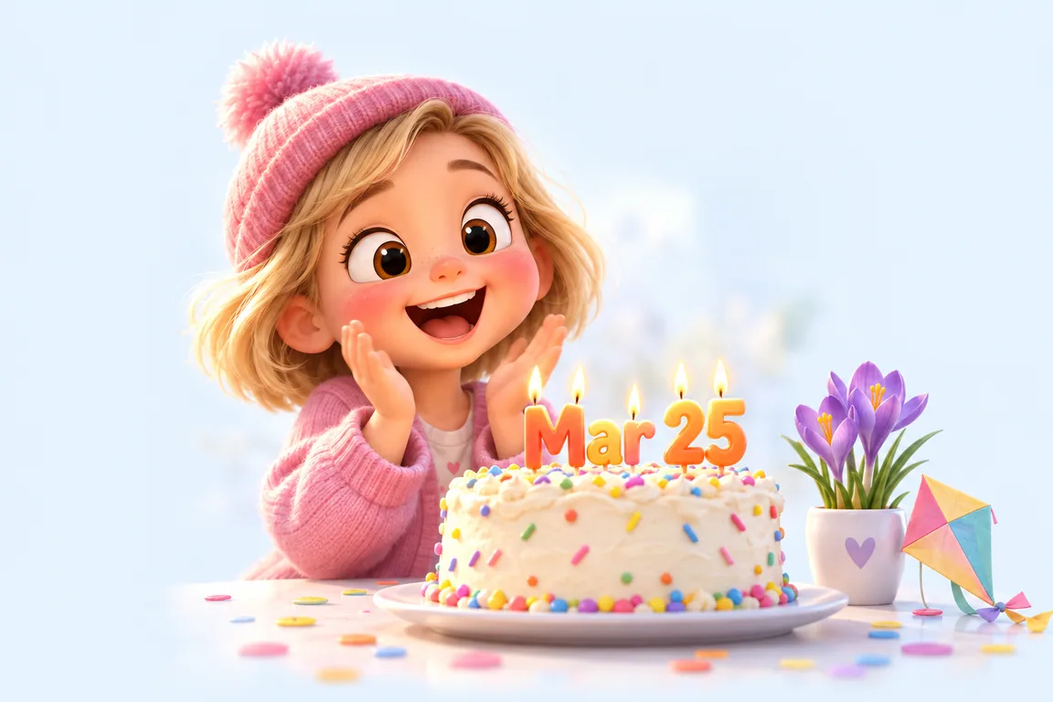 Cartoon birthday scene for March 25: a child behind a cake whose candles spell the date
