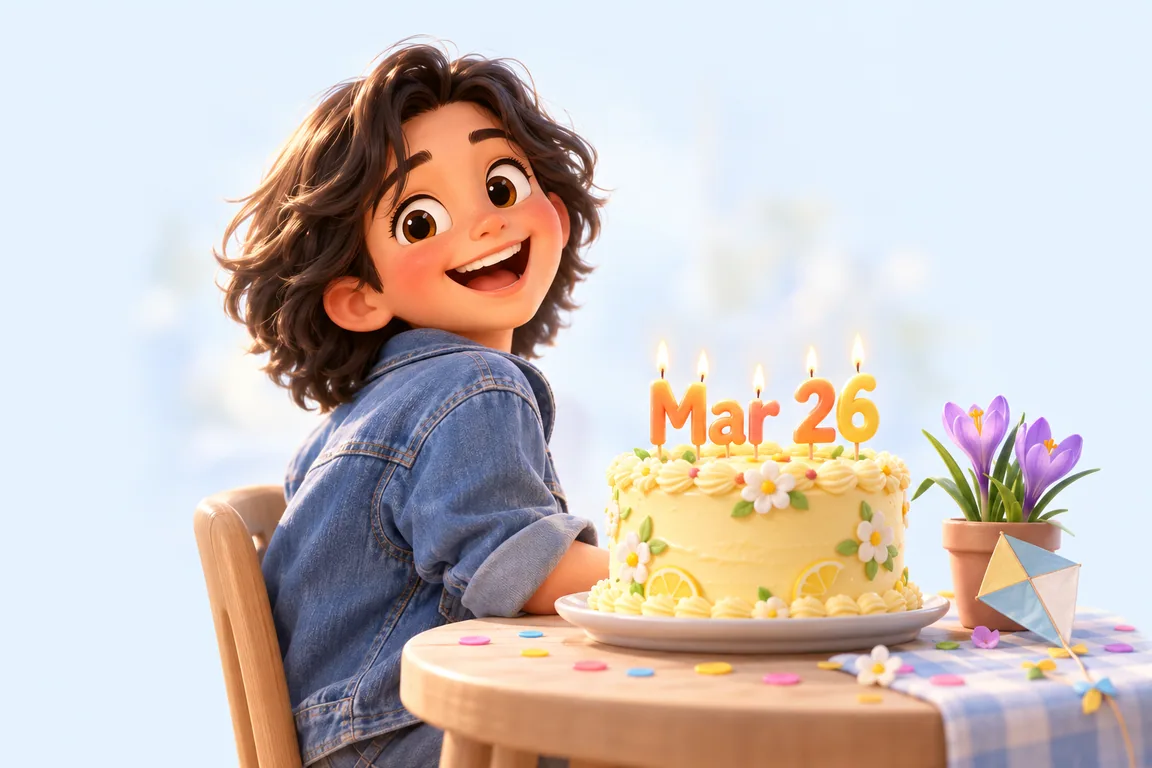 Cartoon birthday scene for March 26: a child behind a cake whose candles spell the date