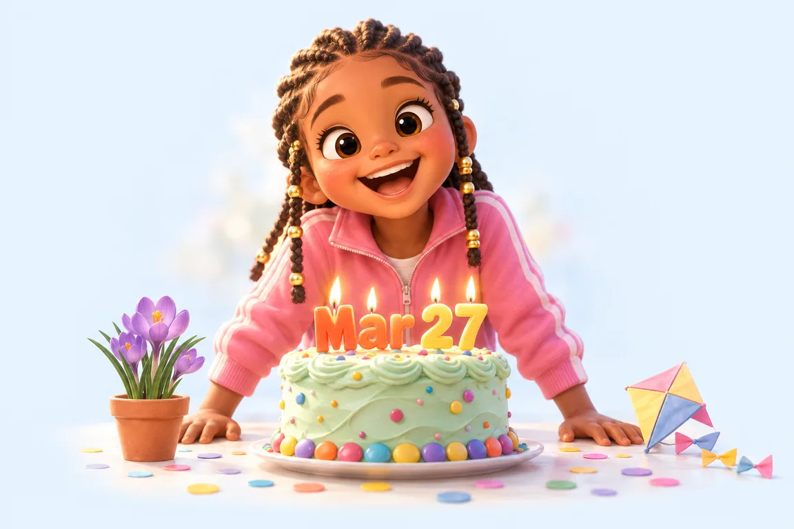 Cartoon birthday scene for March 27: a child behind a cake whose candles spell the date