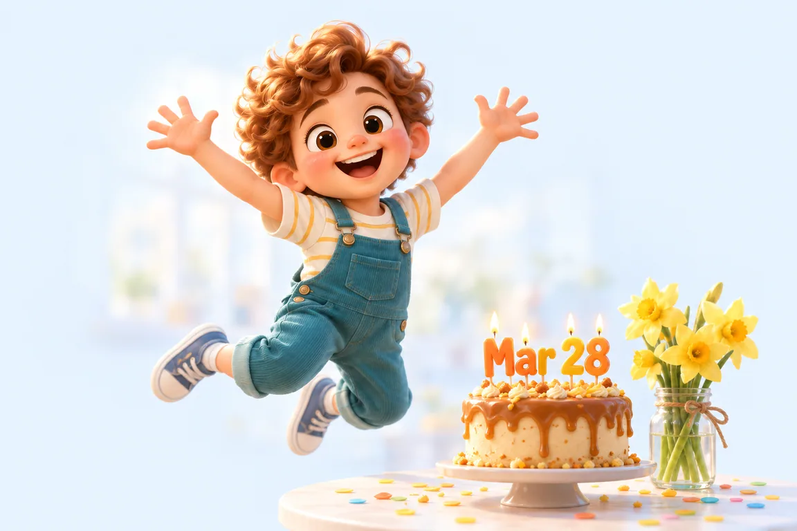 Cartoon birthday scene for March 28: a child behind a cake whose candles spell the date