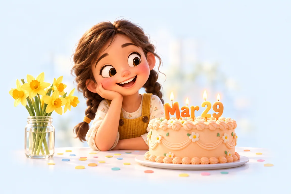 Cartoon birthday scene for March 29: a child behind a cake whose candles spell the date
