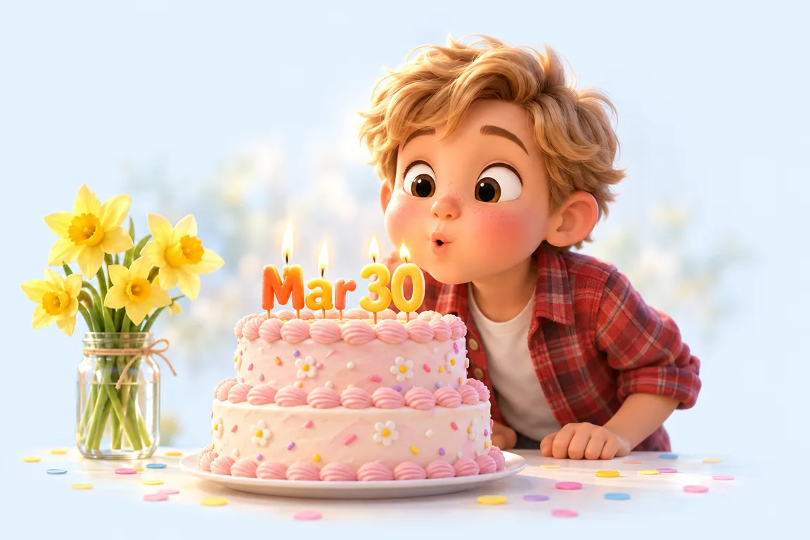 Cartoon birthday scene for March 30: a child behind a cake whose candles spell the date