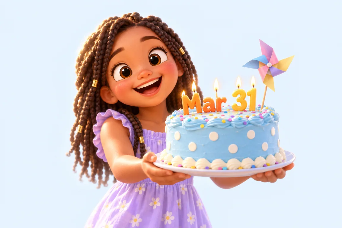 Cartoon birthday scene for March 31: a child behind a cake whose candles spell the date