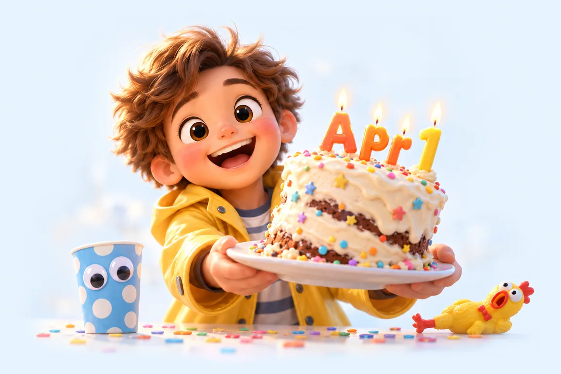 Cartoon birthday scene for April 1: a child behind a cake whose candles spell the date