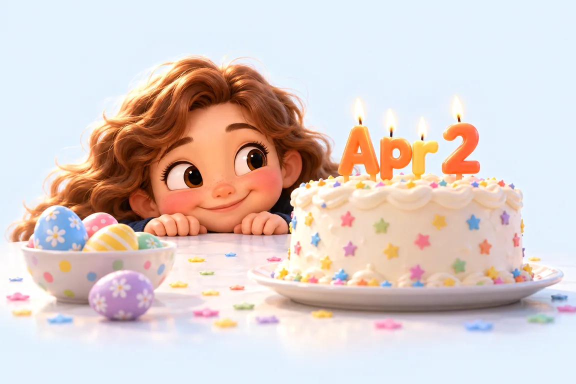 Cartoon birthday scene for April 2: a child behind a cake whose candles spell the date