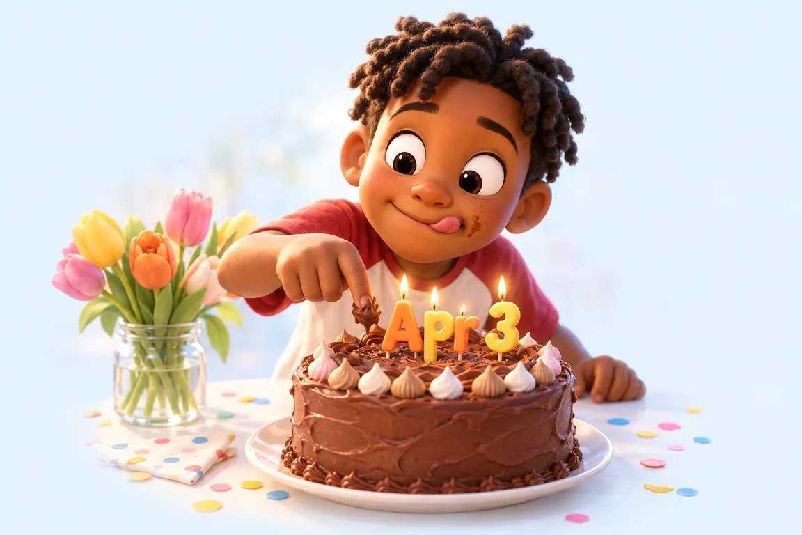 Cartoon birthday scene for April 3: a child behind a cake whose candles spell the date
