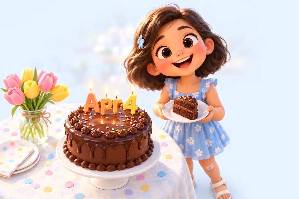 Cartoon birthday scene for April 4: a child behind a cake whose candles spell the date