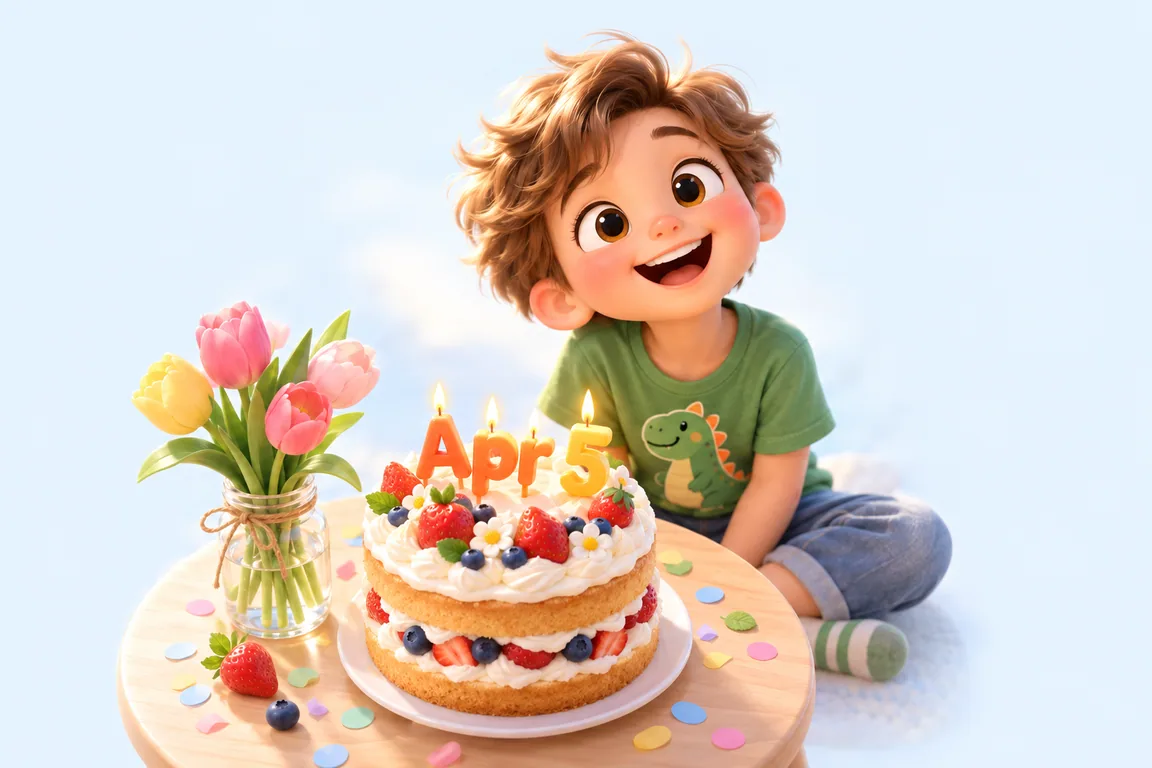 Cartoon birthday scene for April 5: a child behind a cake whose candles spell the date