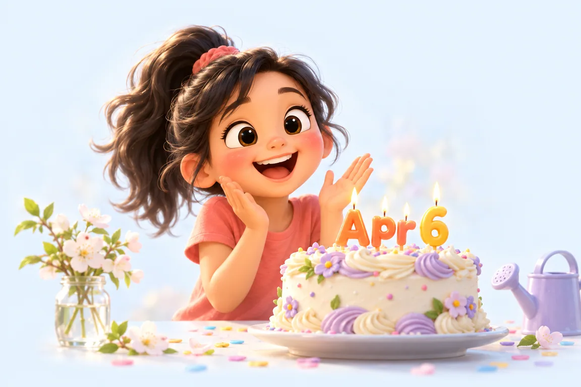 Cartoon birthday scene for April 6: a child behind a cake whose candles spell the date