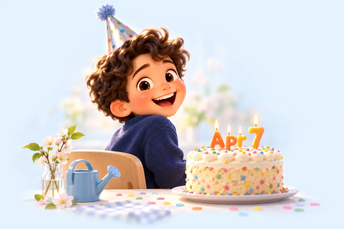 Cartoon birthday scene for April 7: a child behind a cake whose candles spell the date