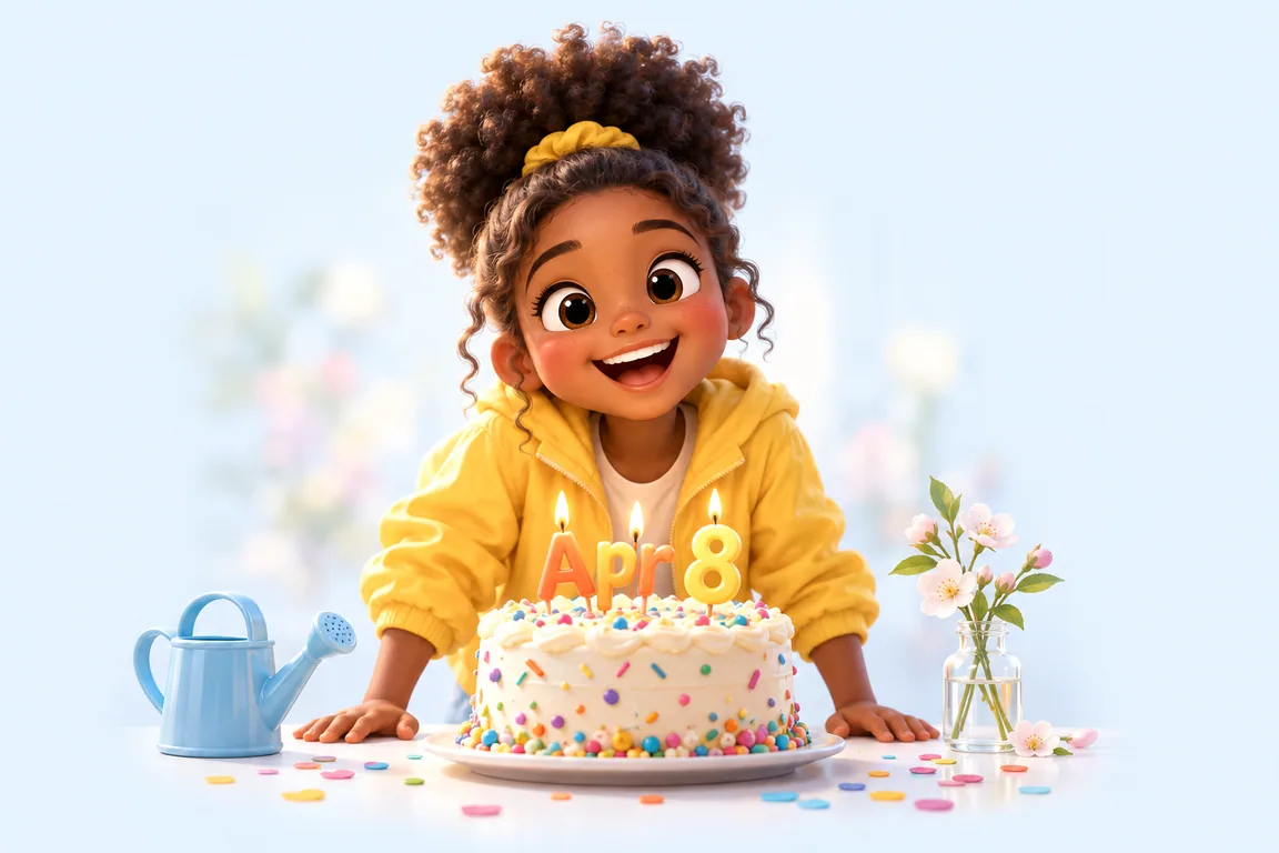 Cartoon birthday scene for April 8: a child behind a cake whose candles spell the date