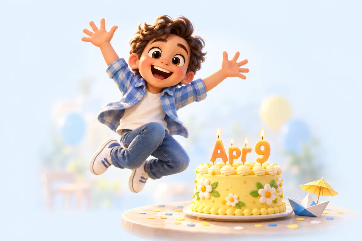 Cartoon birthday scene for April 9: a child behind a cake whose candles spell the date